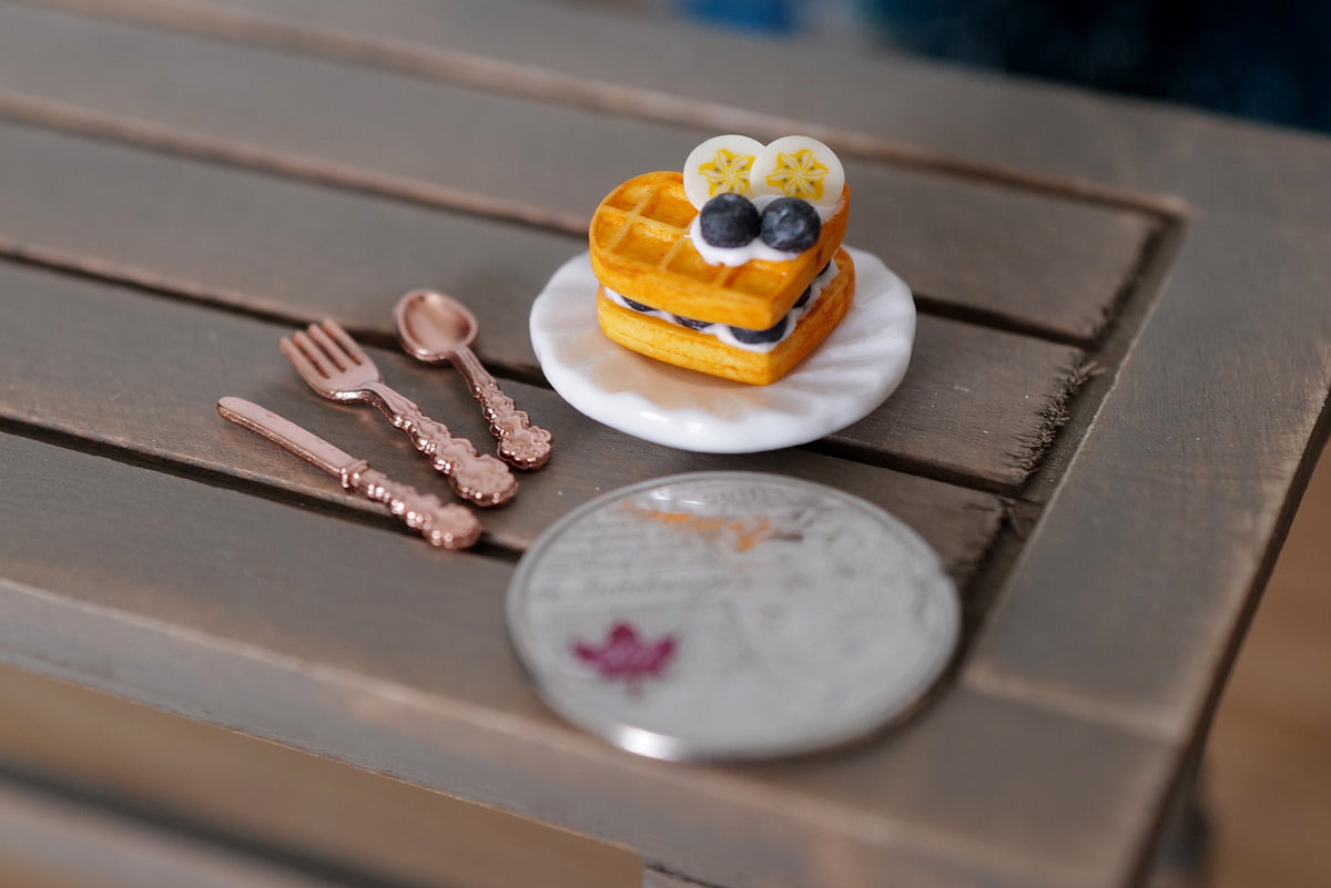 1:12 Scale Miniature Banana and Blueberry Waffle Stack, Plate and Cutlery, 1/2 inch wide, DIY Dollhouse Supply