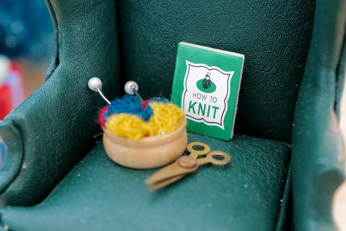 1:12 Scale Miniature Knitting Set with Yarn Bowl, Needles, Scissors and Book, Set of 5, DIY Dollhouse Supply