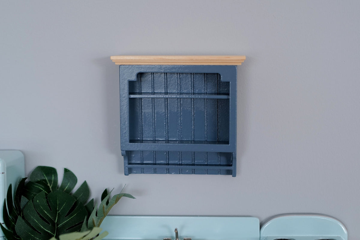 1:12 Scale Miniature Wood Kitchen Wall Plate Rack, Slatted Back, 3-9/16 inch wide, DIY Dollhouse Supply (blue gray)