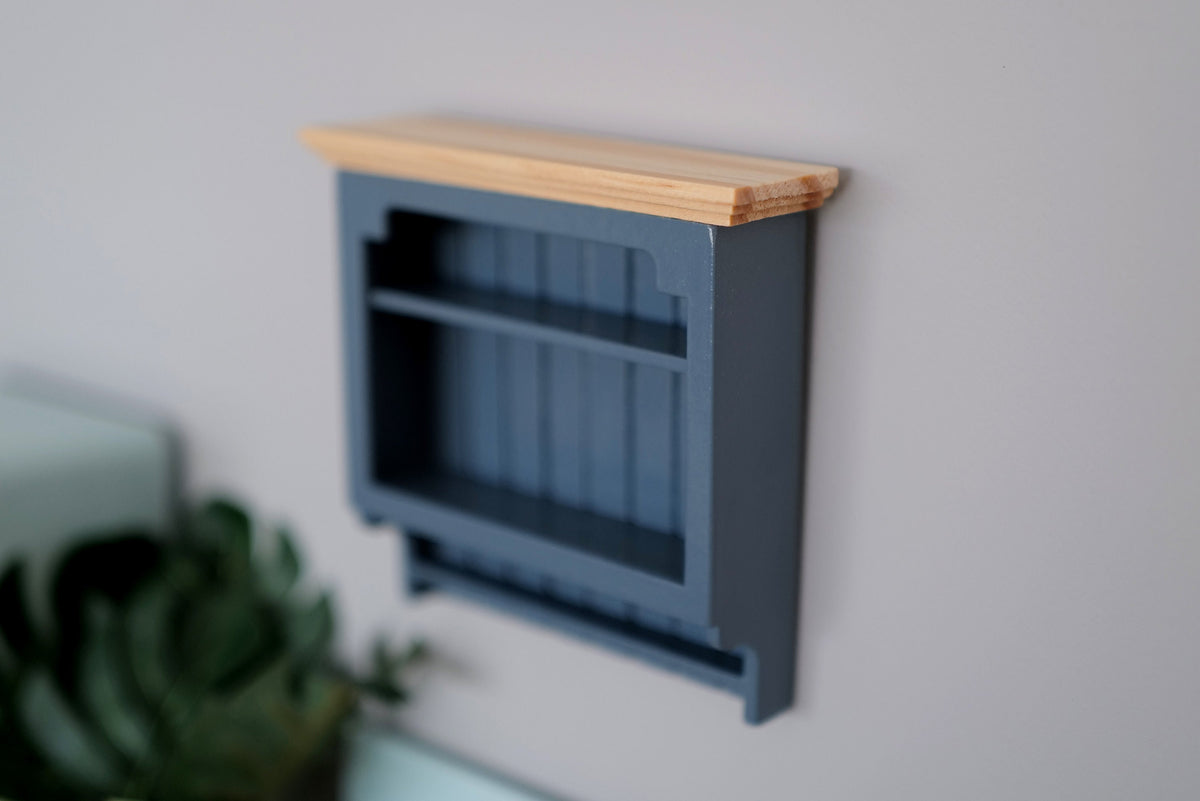 1:12 Scale Miniature Wood Kitchen Wall Plate Rack, Slatted Back, 3-9/16 inch wide, DIY Dollhouse Supply (blue gray)