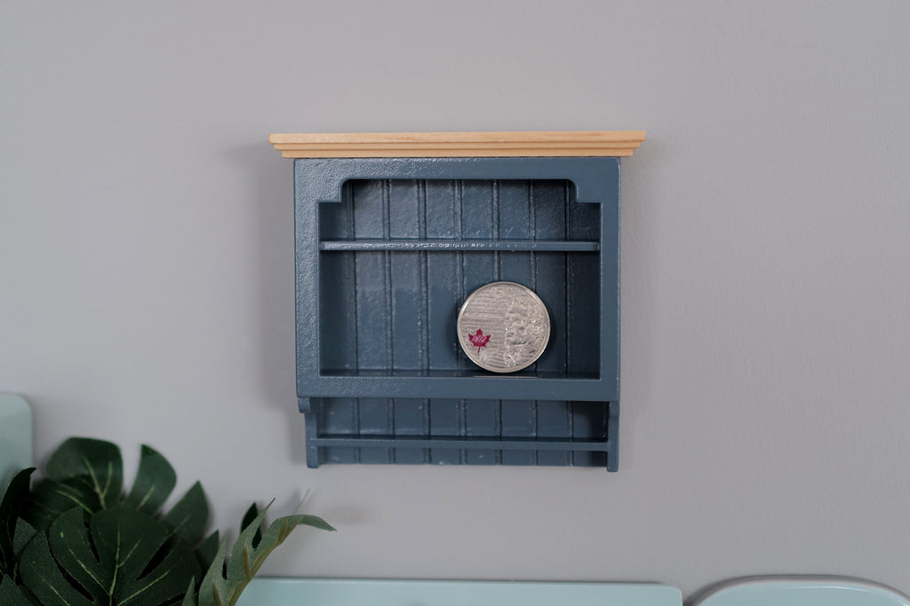1:12 Scale Miniature Wood Kitchen Wall Plate Rack, Slatted Back, 3-9/16 inch wide, DIY Dollhouse Supply (blue gray)