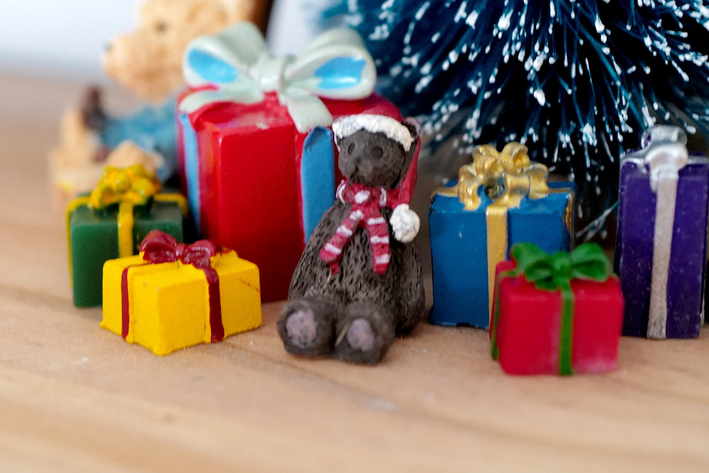 1:12 Scale Miniature Christmas Teddy Bear with Santa Hat and Scarf, Extra Small, 13/16 inch tall, DIY Dollhouse Supply (brown)