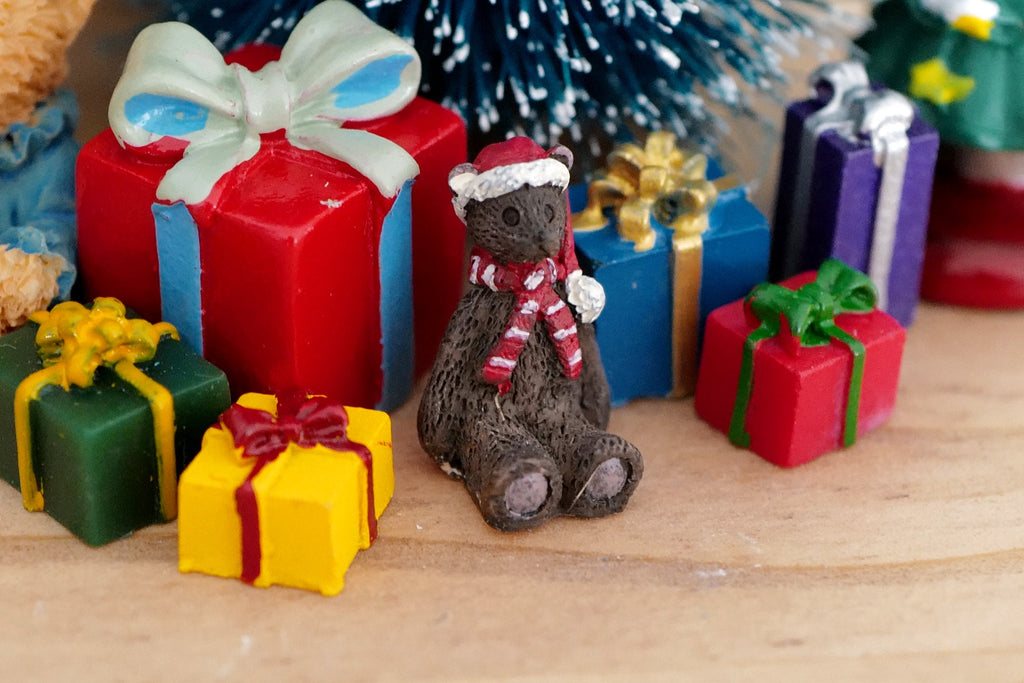 1:12 Scale Miniature Christmas Teddy Bear with Santa Hat and Scarf, Extra Small, 13/16 inch tall, DIY Dollhouse Supply (brown)
