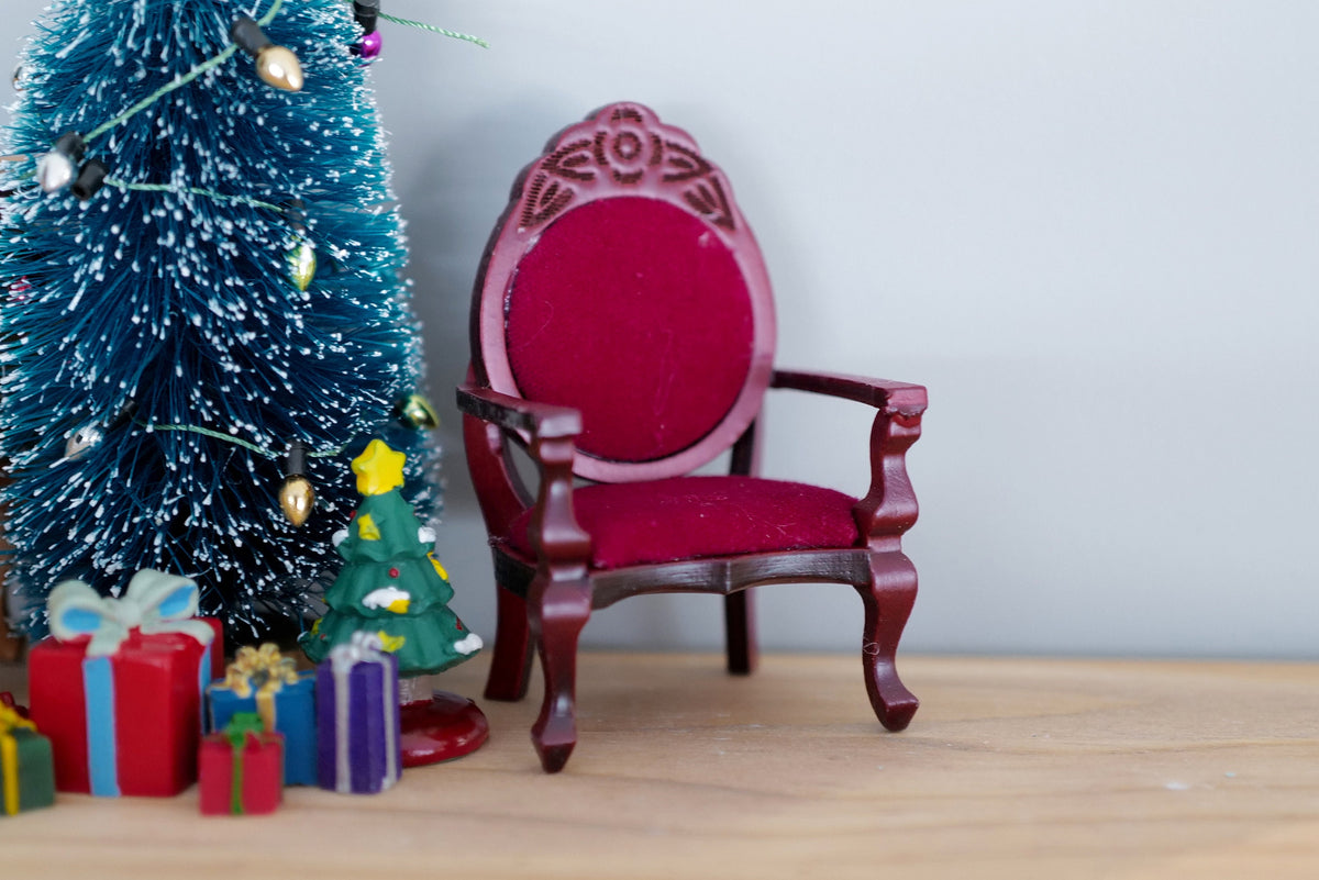 1:12 Scale Miniature Wood Armchair with Velvet Seat and Oval Back, 3-3/8 inch tall, DIY Dollhouse Supply (red)