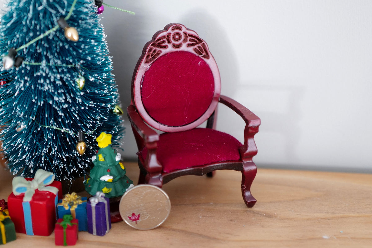 1:12 Scale Miniature Wood Armchair with Velvet Seat and Oval Back, 3-3/8 inch tall, DIY Dollhouse Supply (red)
