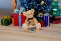 1:12 Scale Miniature Christmas Teddy Bear Playing a Drum, Sitting, 1-3/16 inch tall, DIY Dollhouse Supply (tan)