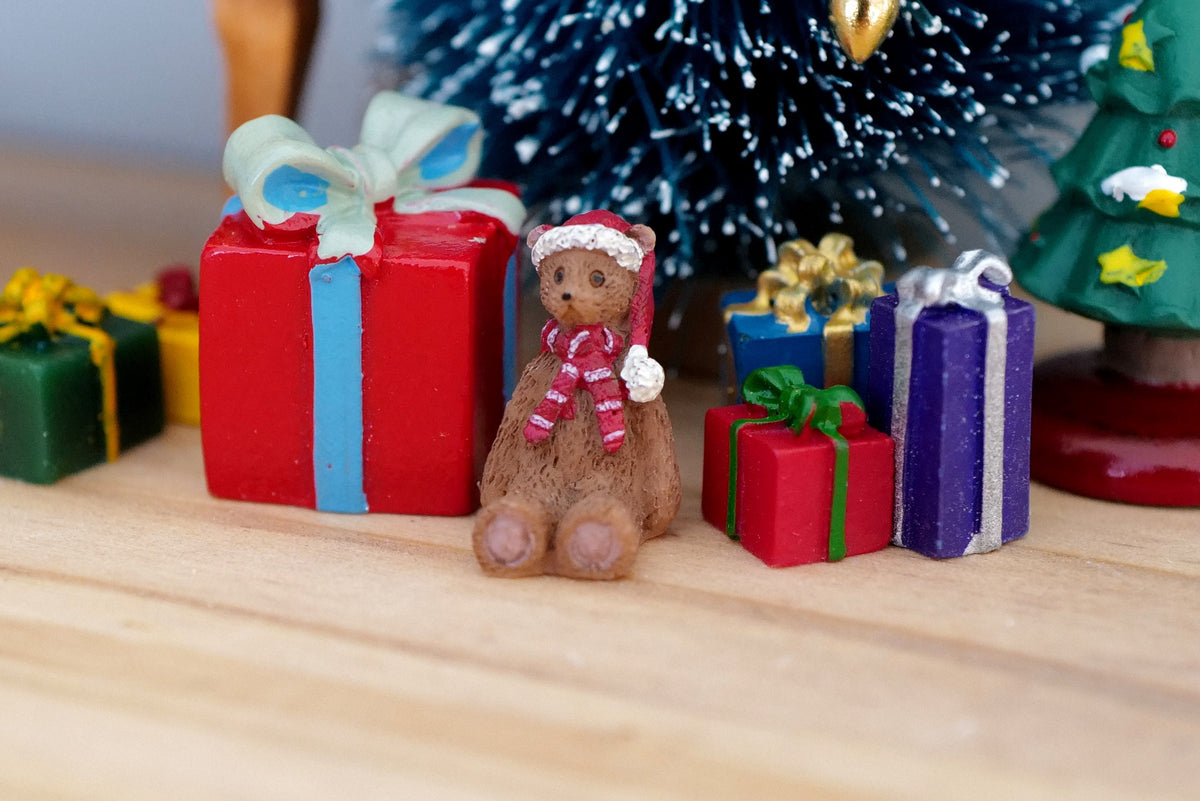 1:12 Scale Miniature Christmas Teddy Bear with Red Scarf, Extra Small, 13/16 inch tall, DIY Dollhouse Supply (brown)