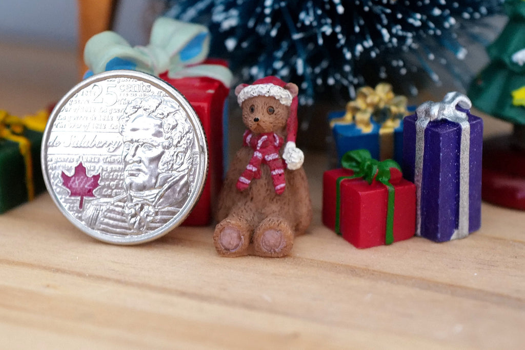 1:12 Scale Miniature Christmas Teddy Bear with Red Scarf, Extra Small, 13/16 inch tall, DIY Dollhouse Supply (brown)