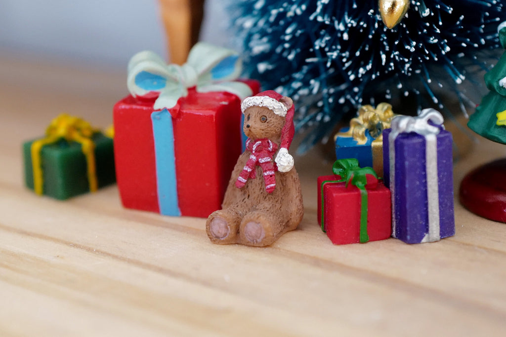 1:12 Scale Miniature Christmas Teddy Bear with Red Scarf, Extra Small, 13/16 inch tall, DIY Dollhouse Supply (brown)