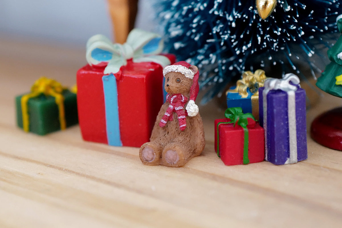 1:12 Scale Miniature Christmas Teddy Bear with Red Scarf, Extra Small, 13/16 inch tall, DIY Dollhouse Supply (brown)