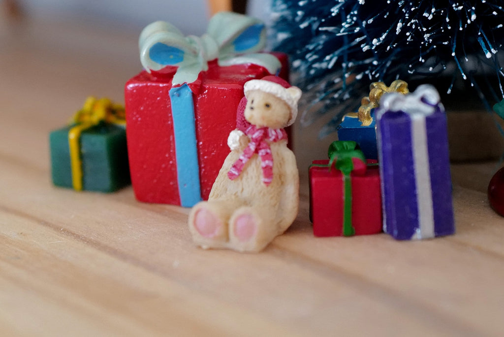 1:12 Scale Miniature Christmas Teddy Bear, Extra Small, 13/16 inch tall, DIY Dollhouse Supply