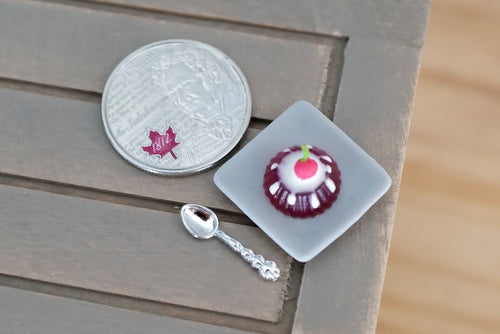 1:12 Scale Miniature Blueberry Dome Dessert with Plate and Spoon, 13/16 inch wide, DIY Dollhouse Supply