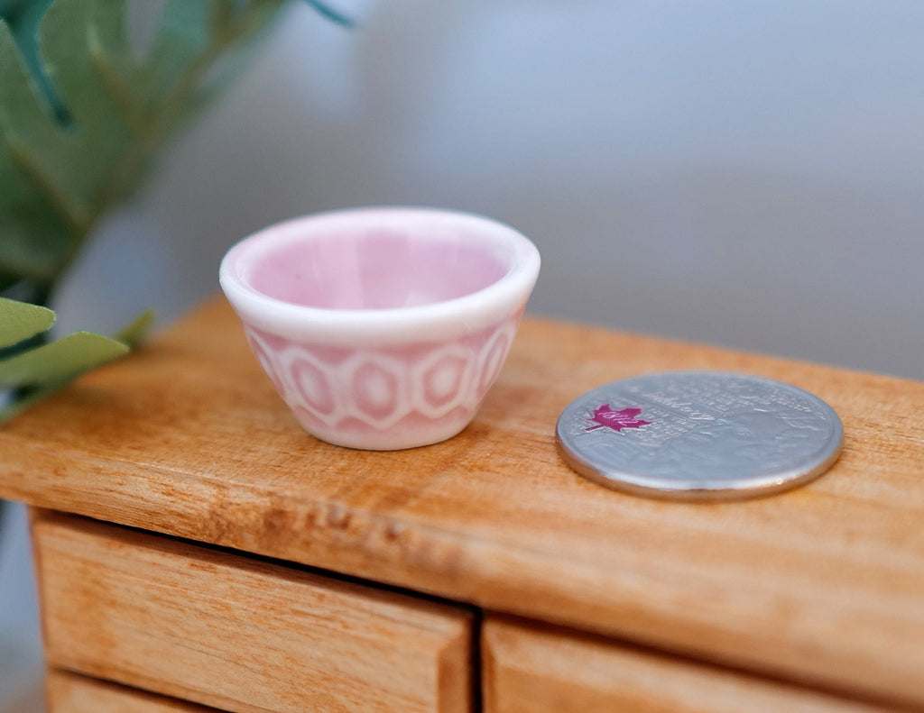 1:12 Scale Miniature Ceramic Bowl with Pink Pattern, 1-1/8 inch wide, DIY Dollhouse Supply