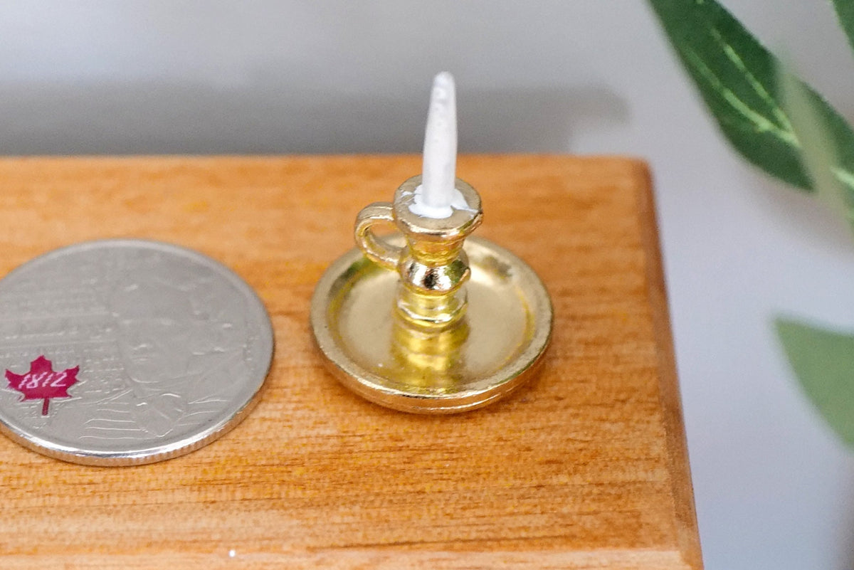 1:12 Scale Miniature Brass Chamberstick Candle Holder with Candle, 1 inch tall, DIY Dollhouse Supply