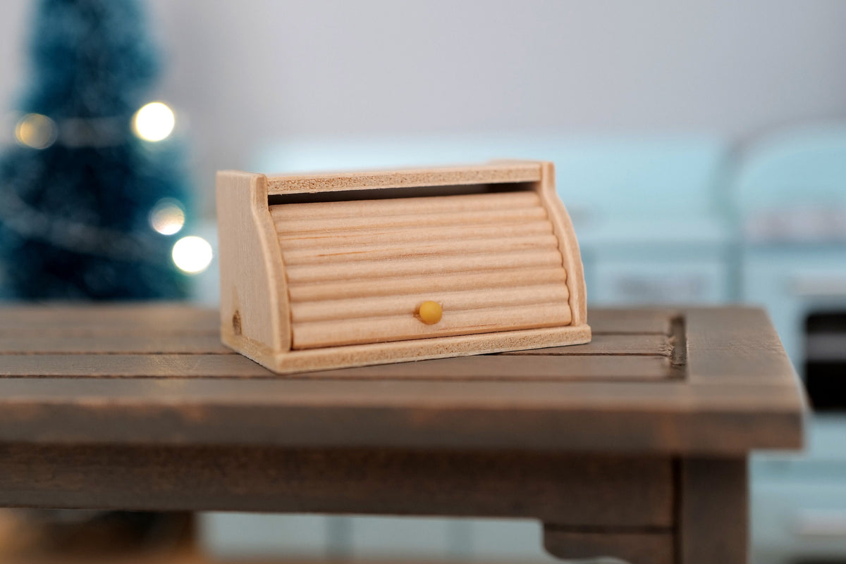 1:12 Scale Miniature Unpainted Wood Bread Box with Roll Top Lid, 1-5/8 inch wide, DIY Dollhouse Supply