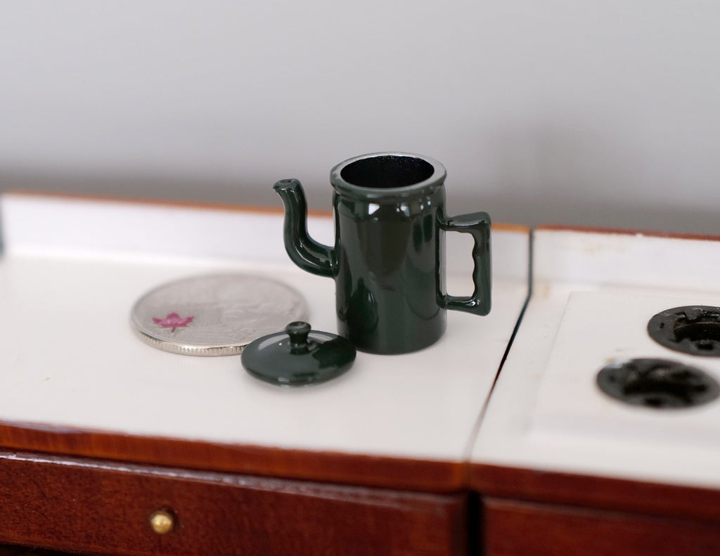 1:12 Scale Miniature Metal Stovetop Kettle with Lid, Straight Spout, 1-1/16 inch tall, DIY Dollhouse Supply (dark green)