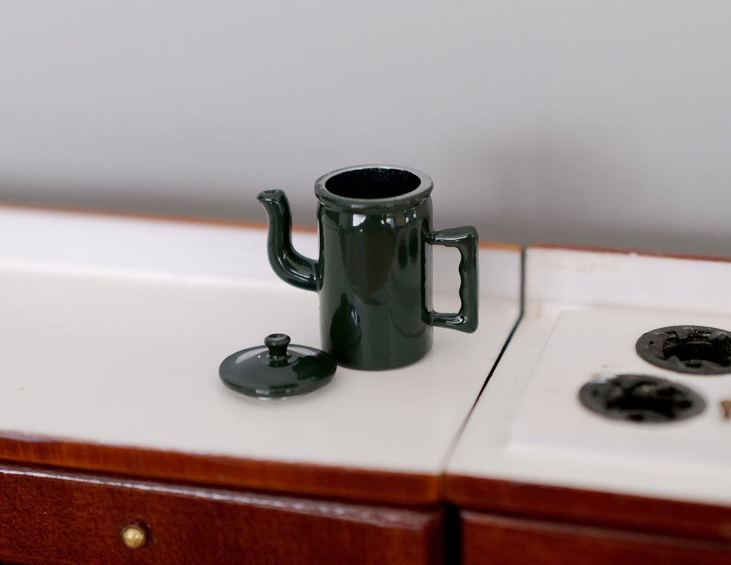 1:12 Scale Miniature Metal Stovetop Kettle with Lid, Straight Spout, 1-1/16 inch tall, DIY Dollhouse Supply (dark green)