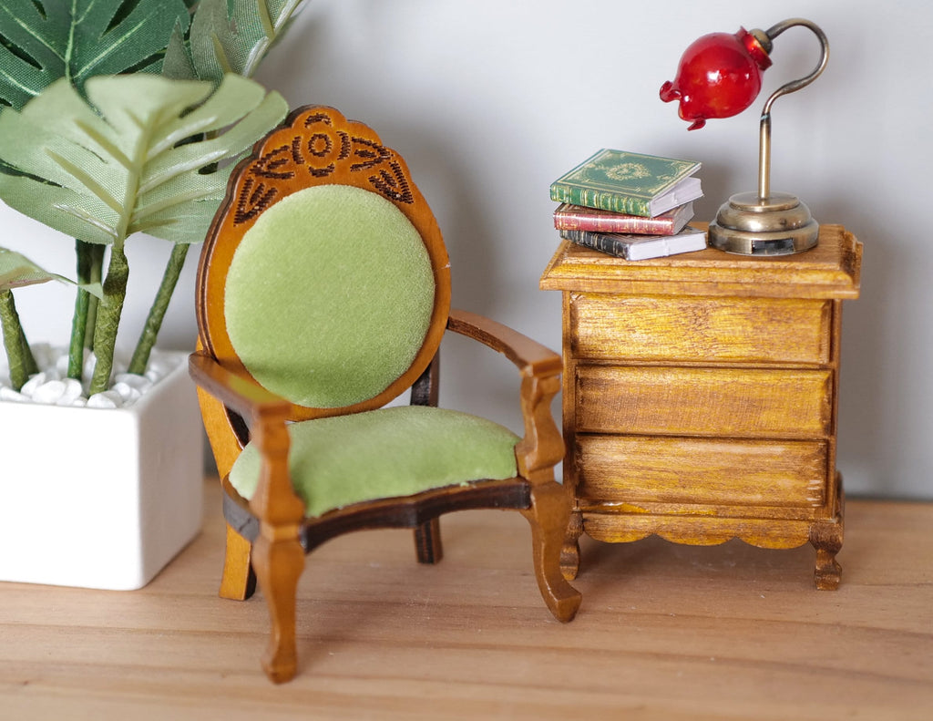 1:12 Scale Miniature Wood Armchair with Oval Back, Light Green Upholstered Seat, 3-3/8 inch tall, DIY Dollhouse Supply