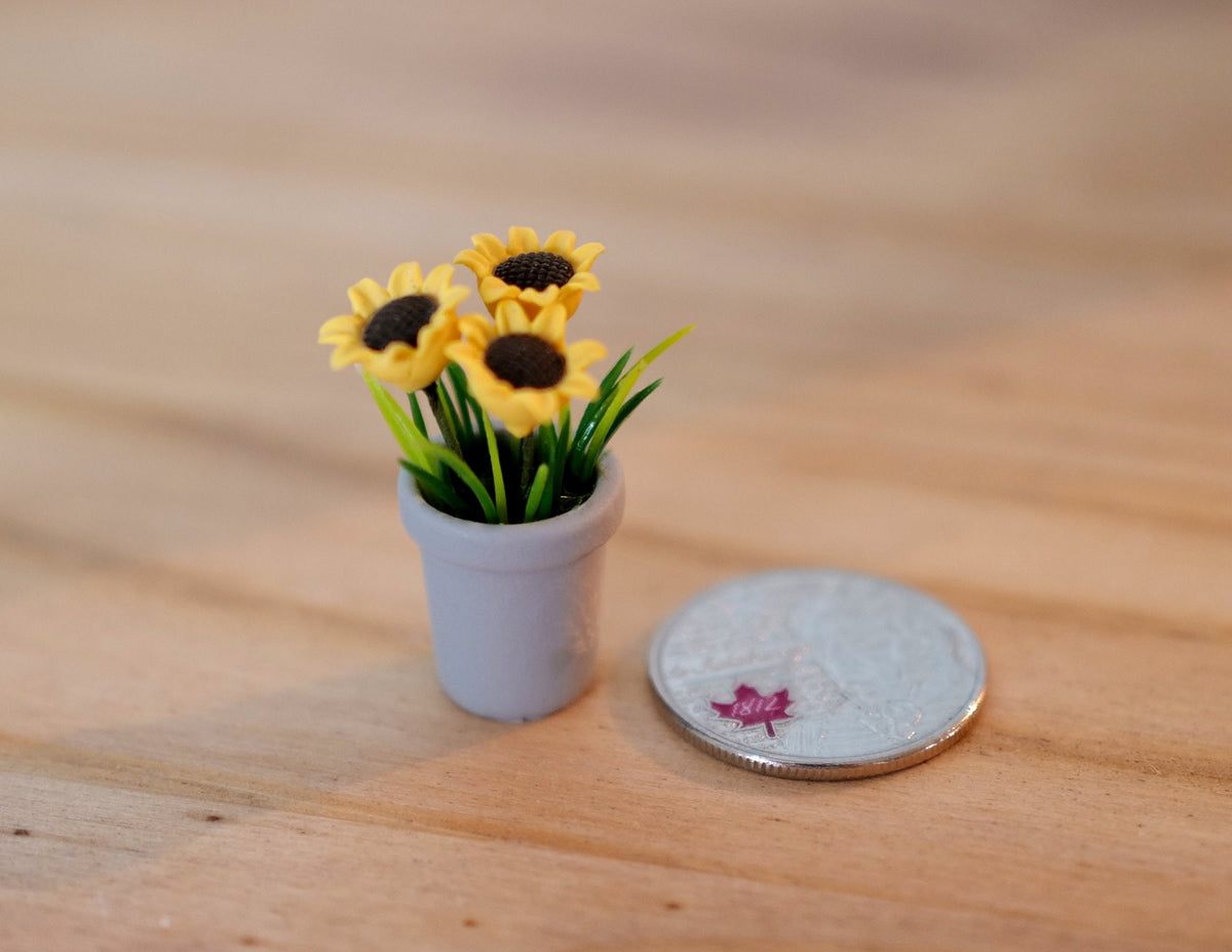 1:12 Scale Miniature Sunflowers in Gray Pot, 1-5/16 inch tall, DIY Dollhouse Supply