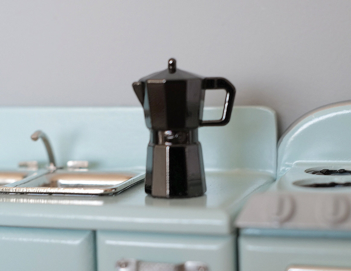1:12 Scale Miniature Stovetop Coffee Maker, Fixed Lid, 1-3/16 inch tall, DIY Dollhouse Supply (metal) (black)