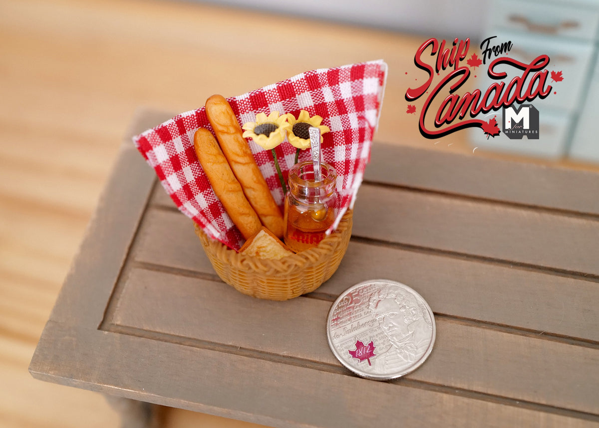 1:12 Scale Miniature Breakfast Basket with French Bread, Toast, Jam and Flowers, Set of 9, 1-3/16 inch wide, DIY Dollhouse Supply
