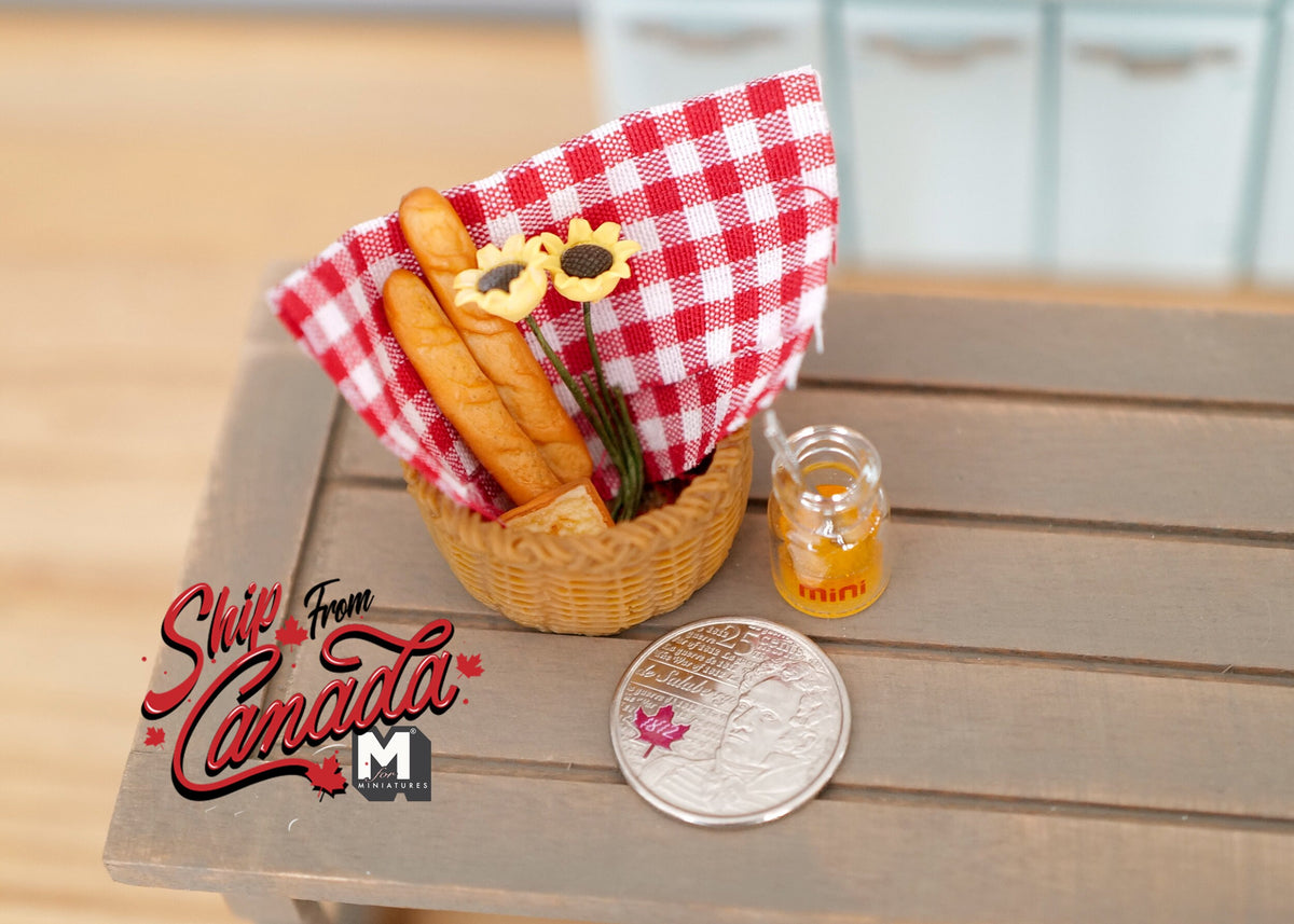 1:12 Scale Miniature Breakfast Basket with French Bread, Toast, Jam and Flowers, Set of 9, 1-3/16 inch wide, DIY Dollhouse Supply