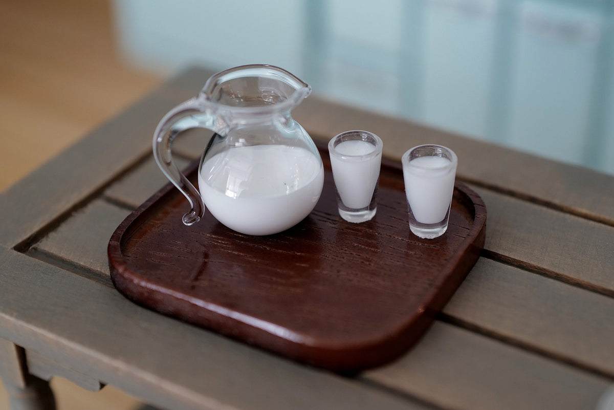 1:12 Scale Miniature Milk Jug Set with 2 Glasses and Tray, 7/8 inch tall, DIY Dollhouse Supply