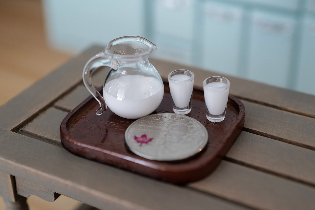 1:12 Scale Miniature Milk Jug Set with 2 Glasses and Tray, 7/8 inch tall, DIY Dollhouse Supply
