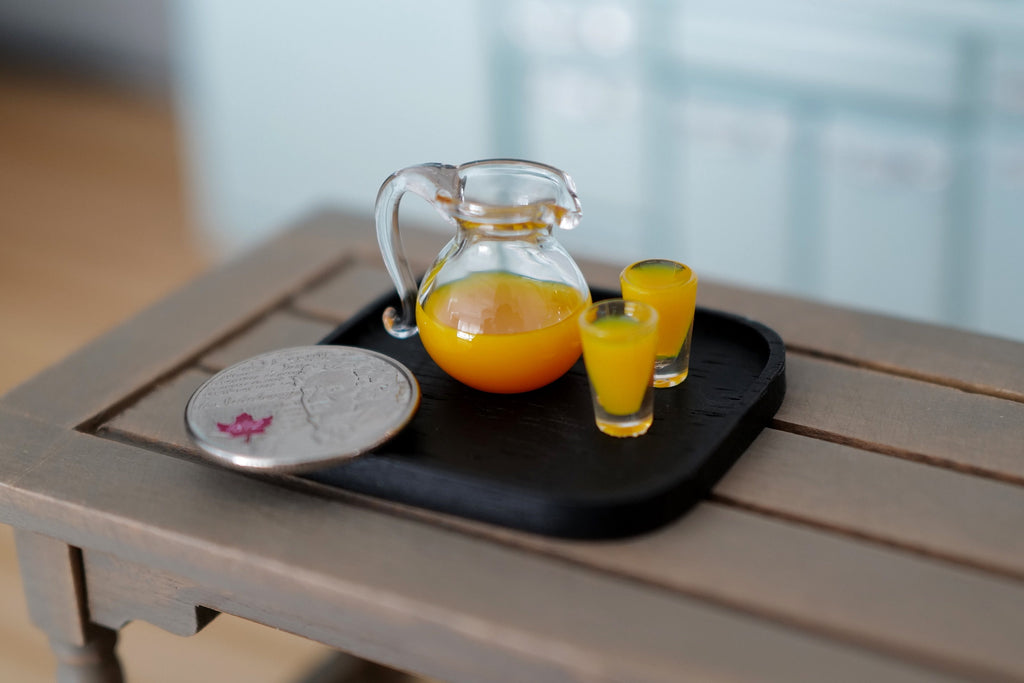 1:12 Scale Miniature Orange Juice Set, Jug, 2 Glasses and Tray, Set of 4, DIY Dollhouse Supply