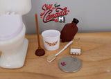 1:12 Miniature Plunger , Miniature Soap & Rack , Miniature Toilet Brush , Miniature Oval Bin , Miniature Rubber Water Bottle Set of 5 - F059