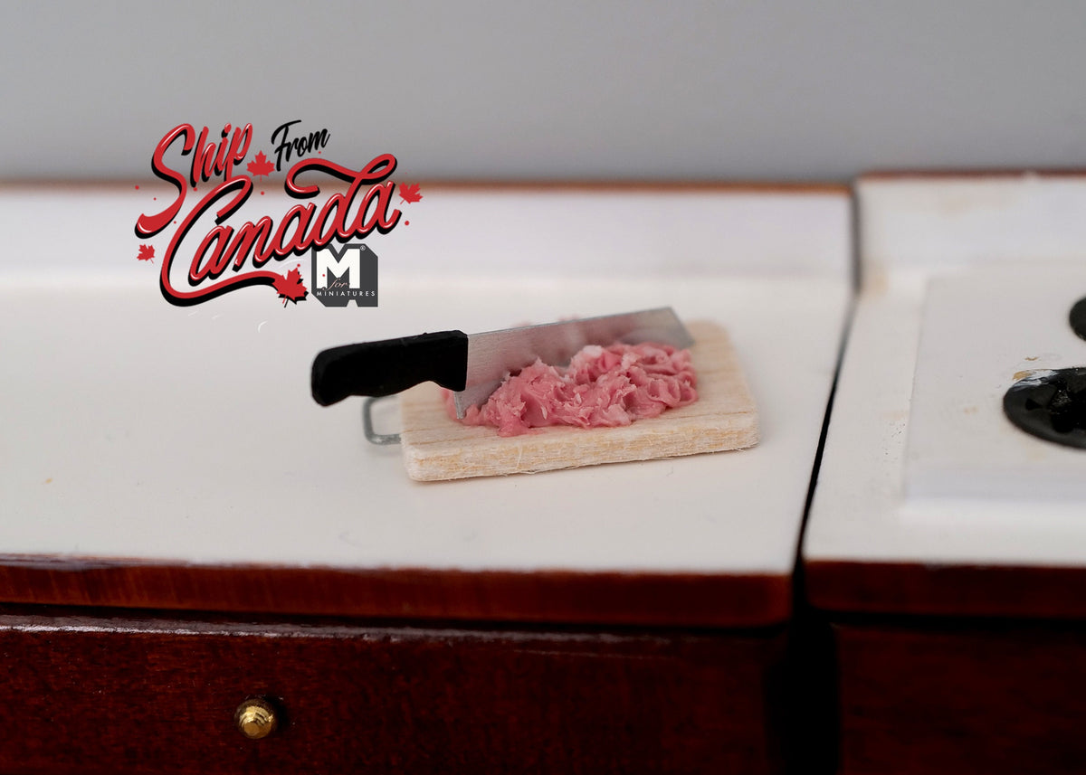 1:12 Scale Miniature Ground Meat on Cutting Board with Knife, 13/16 inch long, DIY Dollhouse Supply (non edible)