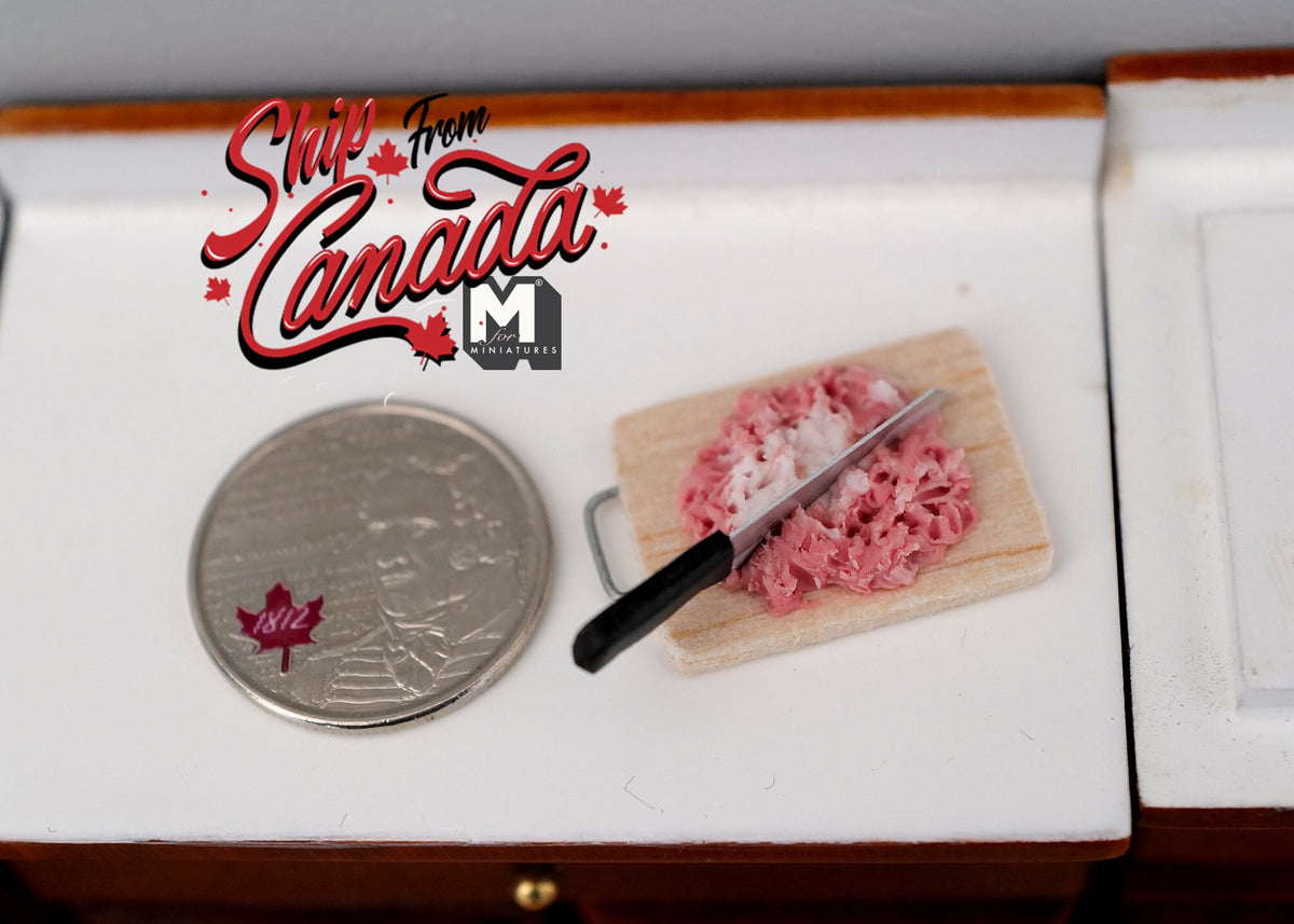 1:12 Scale Miniature Ground Meat on Cutting Board with Knife, 13/16 inch long, DIY Dollhouse Supply (non edible)