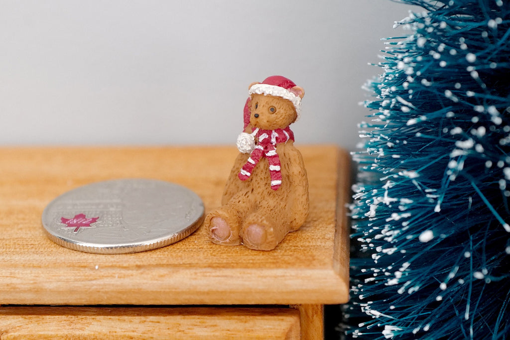 1:12 Scale Miniature Christmas Teddy Bear with Santa Hat and Scarf, Extra Small, 13/16 inch tall, DIY Dollhouse Supply (beige)