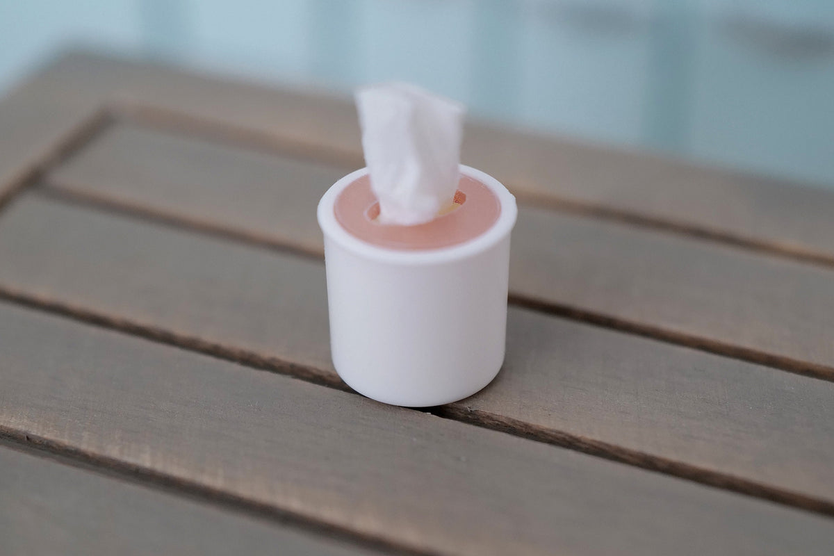 1:12 Scale Miniature Tabletop Tissue Roll Holder with Tissue, 9/16 inch tall, DIY Dollhouse Supply (white and pink)