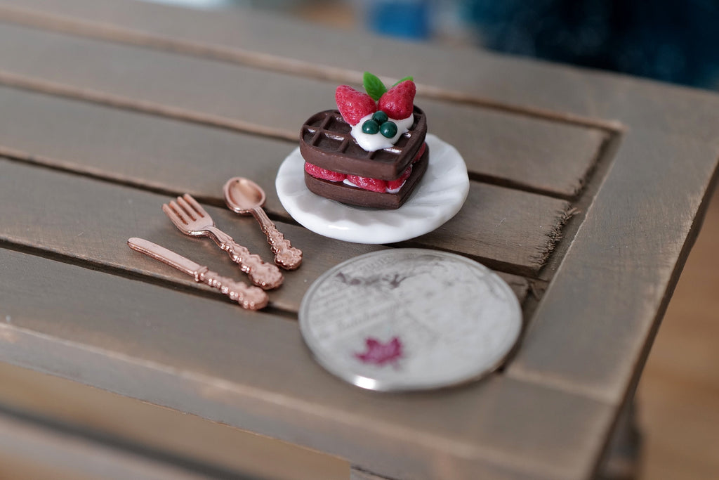 1:12 Scale Miniature Christmas Chocolate Waffle with Berries and Cream, Plate and Cutlery, 1/2 inch wide, DIY Dollhouse Supply