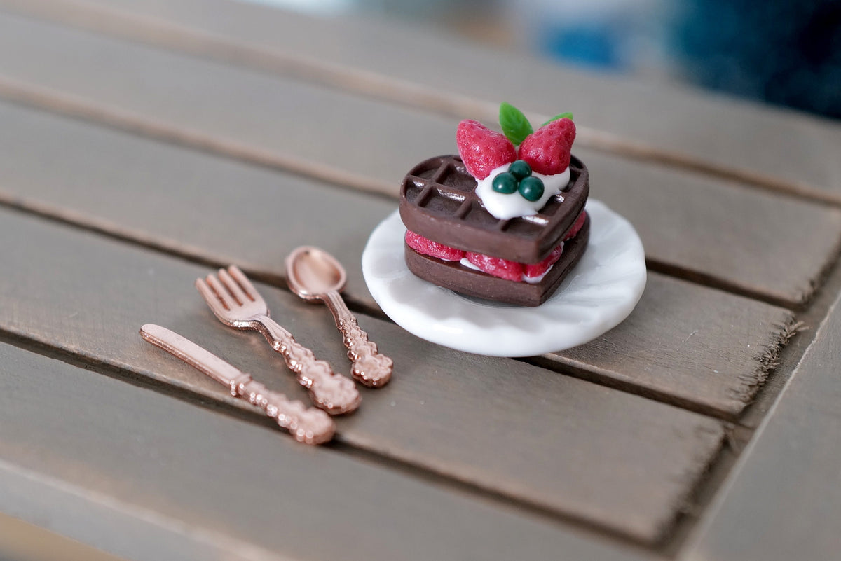 1:12 Scale Miniature Christmas Chocolate Waffle with Berries and Cream, Plate and Cutlery, 1/2 inch wide, DIY Dollhouse Supply