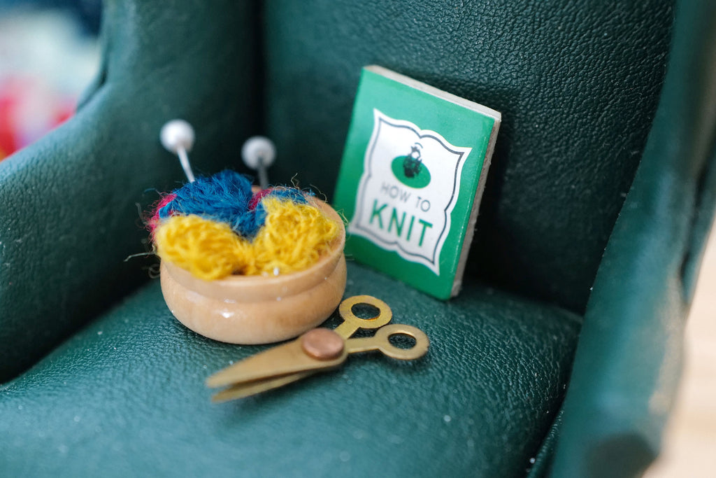 1:12 Scale Miniature Knitting Set with Yarn Bowl, Needles, Scissors and Book, Set of 5, DIY Dollhouse Supply