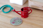 1:12 Scale Miniature Metal Watering Can with Spray Nozzle and Hose, 1 inch tall, DIY Dollhouse Supply (red)