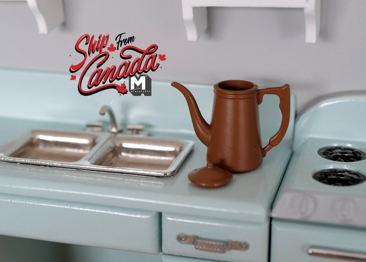 1:12 Scale Miniature Metal Gooseneck Kettle, 1-3/16 inch tall, DIY Dollhouse Supply (brown)