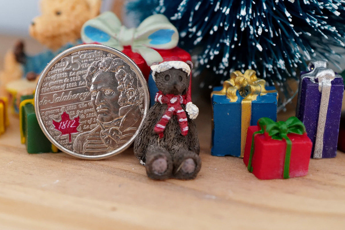 1:12 Scale Miniature Christmas Teddy Bear with Santa Hat and Scarf, Extra Small, 13/16 inch tall, DIY Dollhouse Supply (brown)