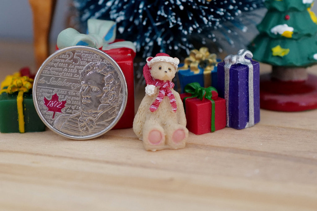 1:12 Scale Miniature Christmas Teddy Bear, Extra Small, 13/16 inch tall, DIY Dollhouse Supply