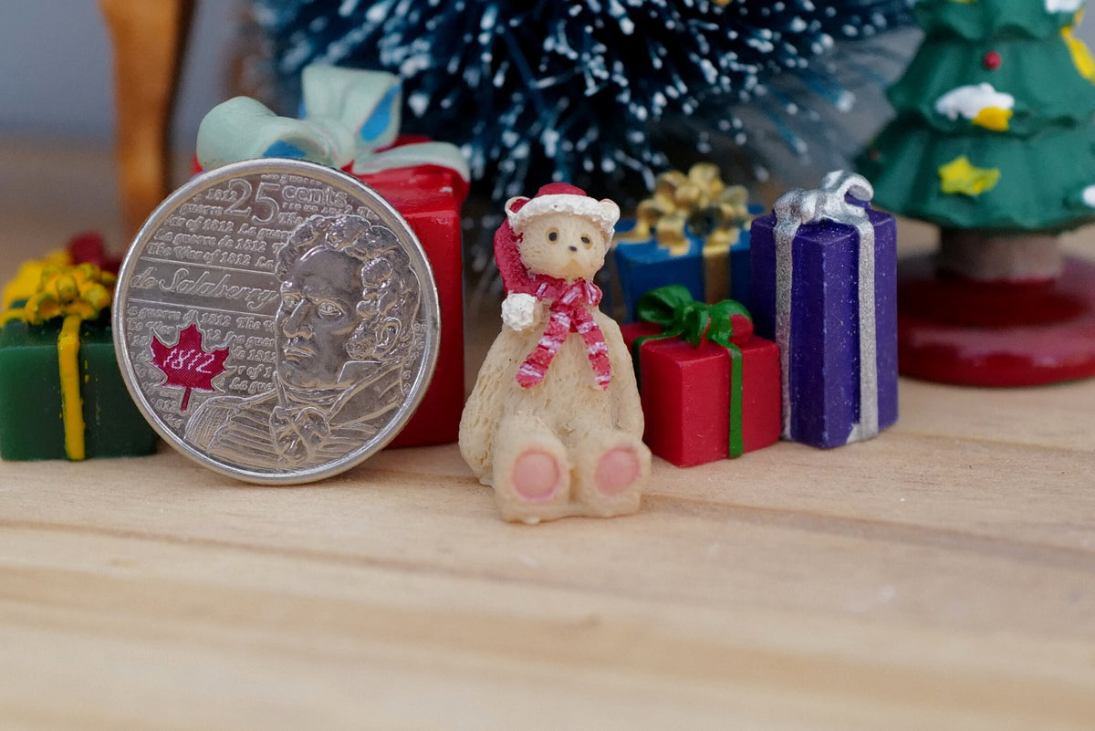 1:12 Scale Miniature Christmas Teddy Bear, Extra Small, 13/16 inch tall, DIY Dollhouse Supply