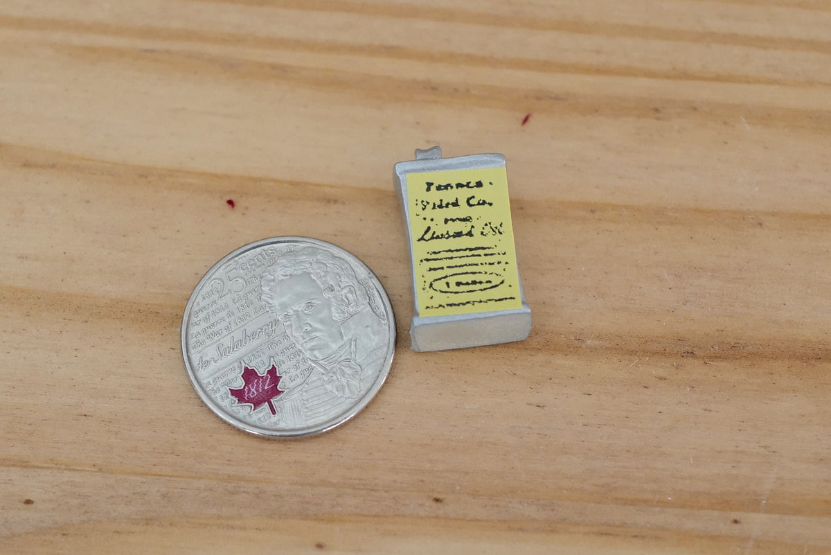 1:12 Scale Miniature Linseed Oil Metal Can with Yellow Label, 7/8 inch tall, DIY Dollhouse Supply