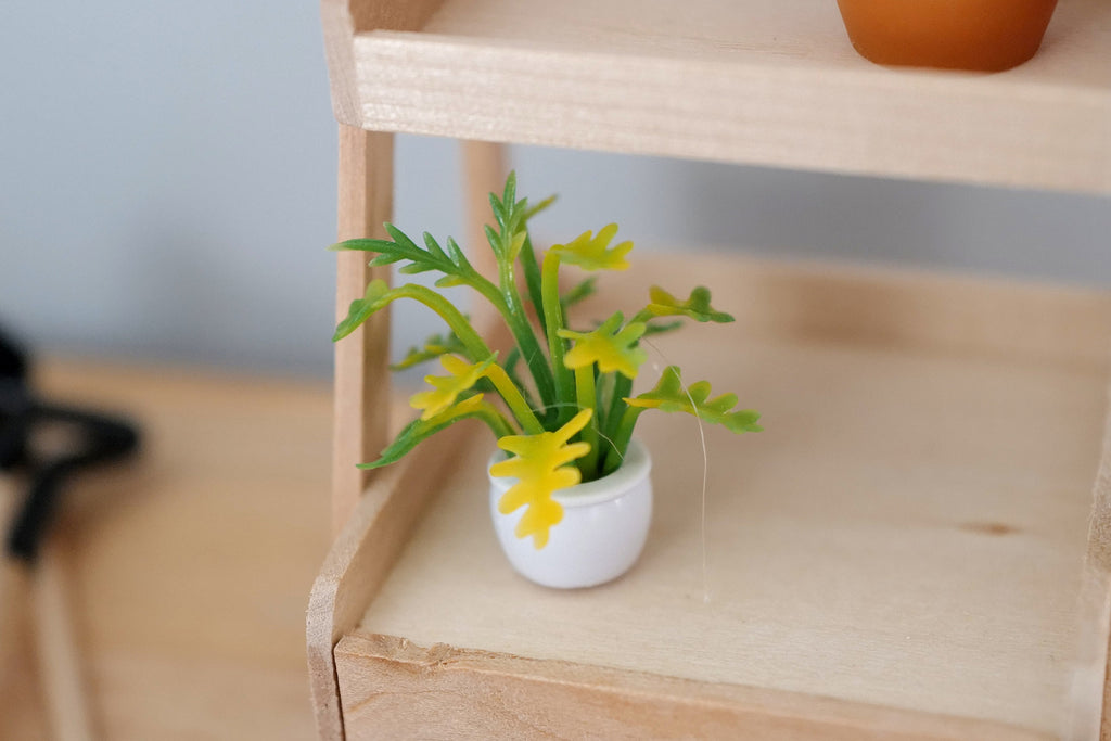 1:12 Scale Miniature Potted Leafy Plant in White Pot, 1-3/16 inch tall, DIY Dollhouse Supply (green and yellow)