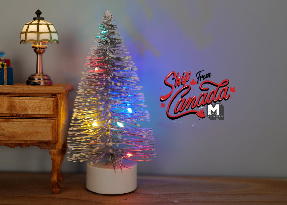 1:12 Scale Miniature Tinsel Christmas Tree with LED Lights, 5-1/8 inch tall, DIY Dollhouse Supply (silver)