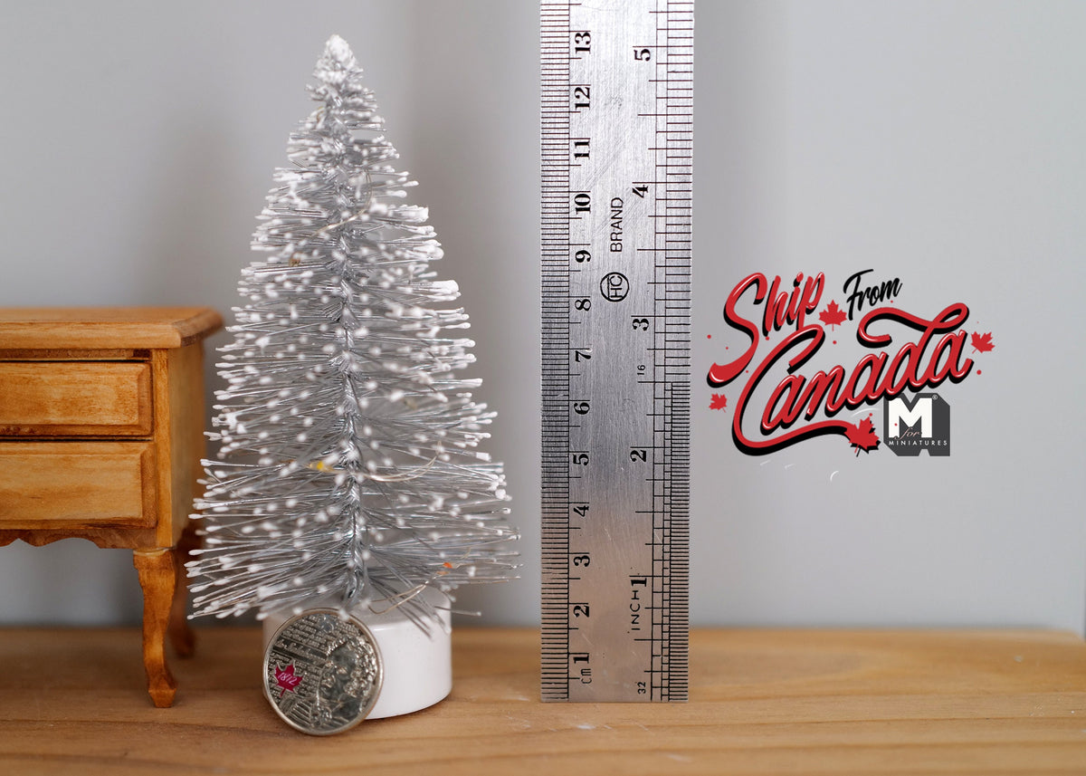 1:12 Scale Miniature Tinsel Christmas Tree with LED Lights, 5-1/8 inch tall, DIY Dollhouse Supply (silver)