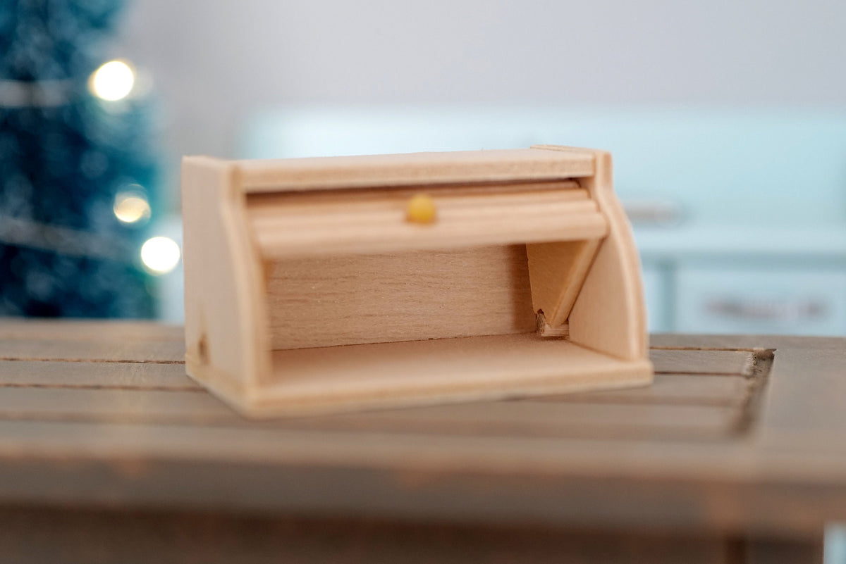 1:12 Scale Miniature Unpainted Wood Bread Box with Roll Top Lid, 1-5/8 inch wide, DIY Dollhouse Supply