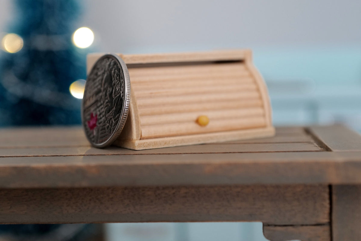 1:12 Scale Miniature Unpainted Wood Bread Box with Roll Top Lid, 1-5/8 inch wide, DIY Dollhouse Supply