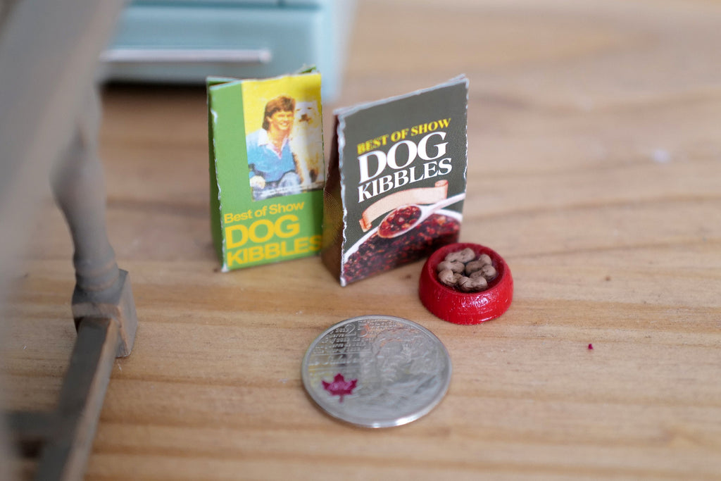 1:12 Scale Miniature Dog Food Packs with Food Bowl, Set of 3, 1-1/2 inch tall, DIY Dollhouse Supply