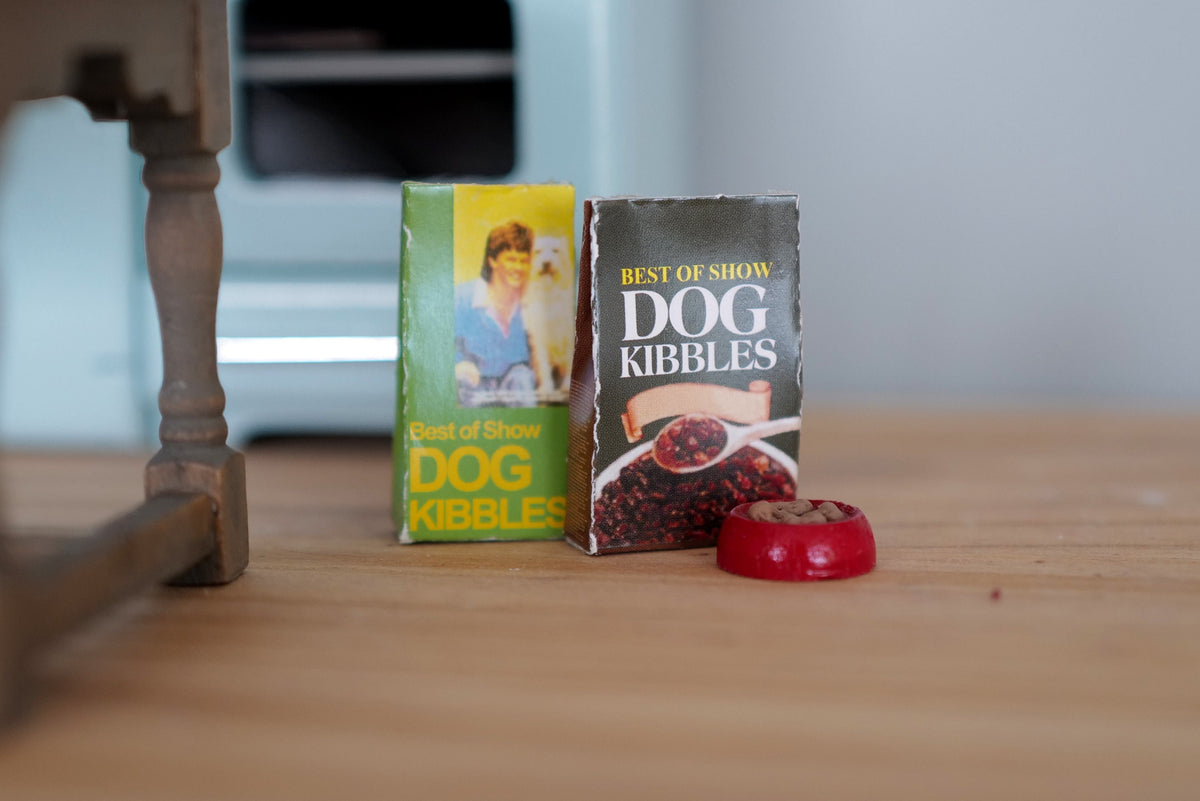 1:12 Scale Miniature Dog Food Packs with Food Bowl, Set of 3, 1-1/2 inch tall, DIY Dollhouse Supply